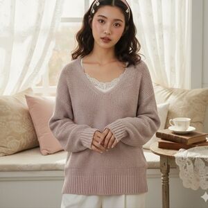 A&F Coquette Cottagecore Chenille V Neck Sweater Pink Soft Knit M Soft Pink M